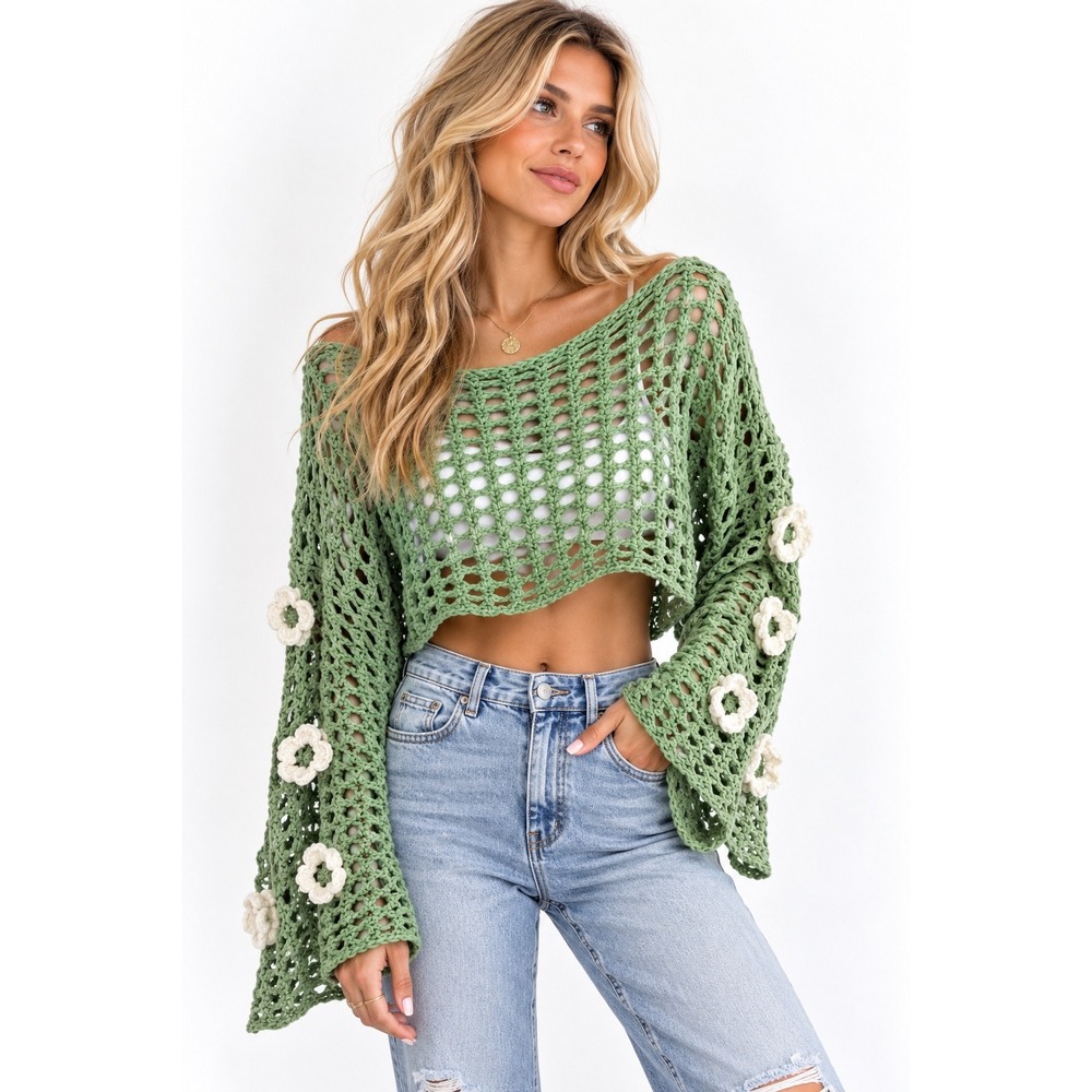 Womens Crochet Flower Crop Sweater OS Green Boho Cottagecore Top